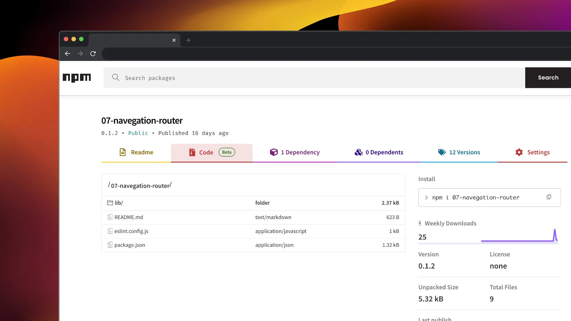 Captura de la pagina de NPM donde tengo publicada la libreria