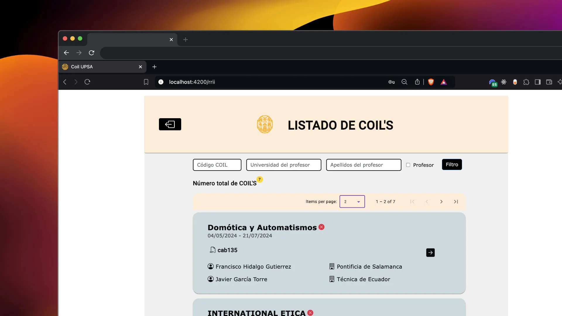 Captura de una de las pantallas de la aplicación de proyectos COIL